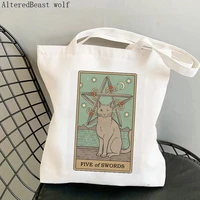 women shopper bag five of swords cat tarot printed bag harajuku shopping canvas shopper bag girl handbag tote shoulder lady bag