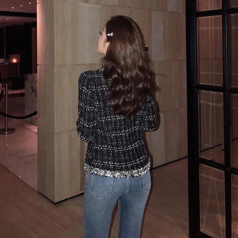 Mozuleva/Новинка Женская черная твидовая куртка Клетчатое пальто Осеннее маленькое