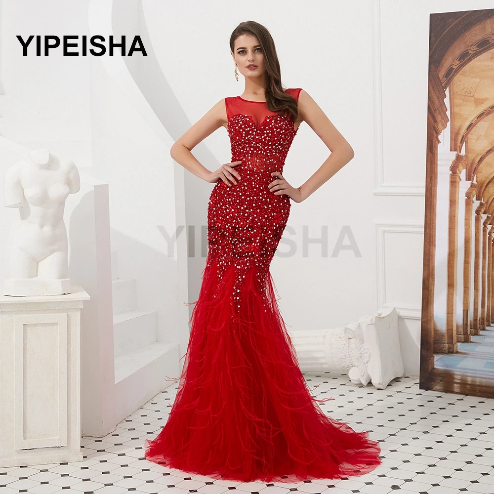 

2021 New O-Neck Sleeveless Evening Dresses Backless Beading Crystal Sequined Mermaid Prom Party Gown robe de soirée de mariage