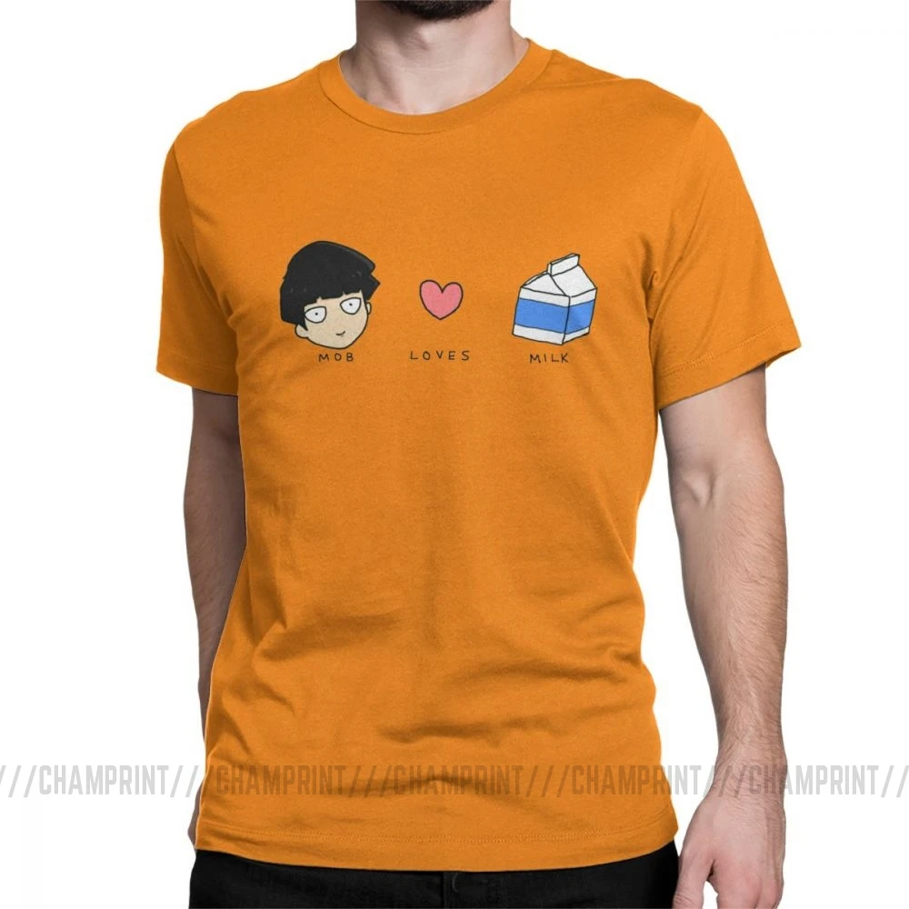 Mob Loves Milk Mob Psycho 100 футболки мужские хлопковые новые футболки с круглым вырезом футболка с коротким рукавом Одежда с принтом - Цвет: Оранжевый