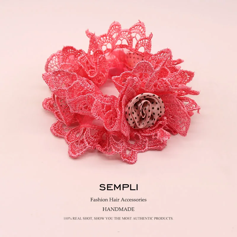 

Sempli 10 Colors High Quality Nylon Elastic Hair Bands For women Three Lace Rose Flower Hair Accessories Mujer Rubber Bands