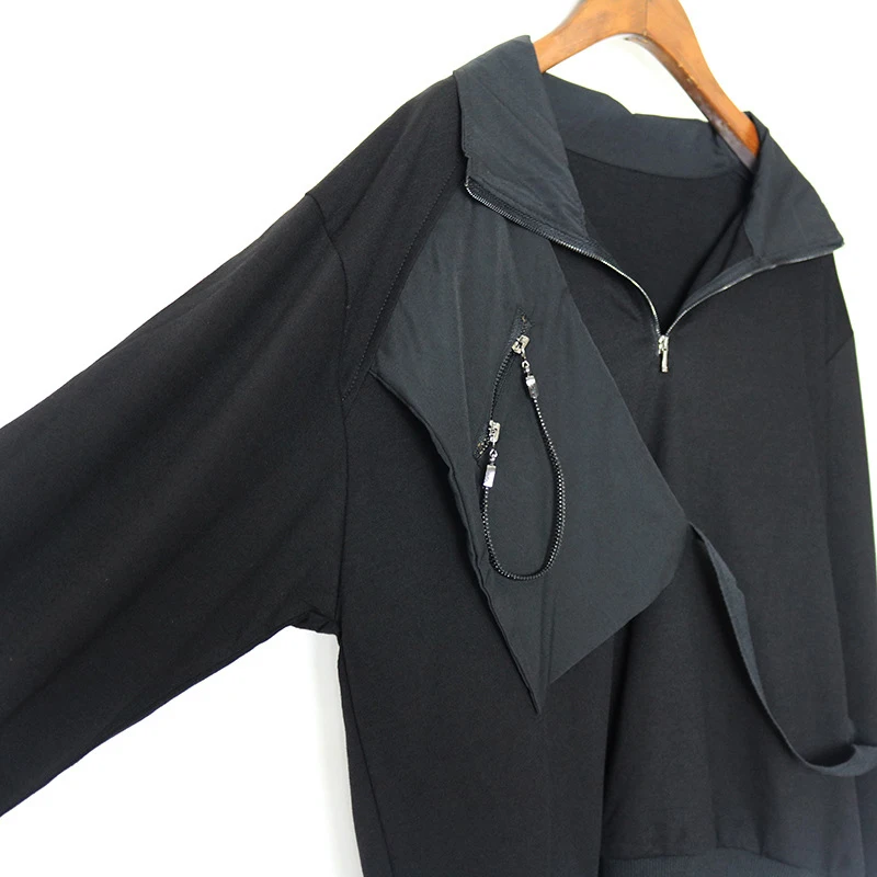 

CHICEVER Black Sweatshirt For Women Lapel Long Sleeve Patchwork Pockets Designer Oversized Streetwear Pullovers Female 2020 Tide