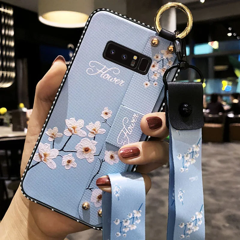 Wrist Strap Soft TPU Case For Samsung Galaxy S7e S8 S9 S10 Plus Note 8 9 10 Pro Vintage Flower Pattern Holder Cover With Lanyard | Мобильные