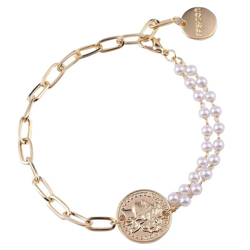 

South Korea's new personality portrait with double-layer pearl bracelet gold plated retro temperament with bracelet for women