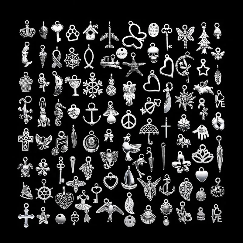 

Sansango 100pcs Mixed Styles Heart Animal Leaf Key Charms Pendants For DIY Jewelry Necklace Bracelet Making Accessories