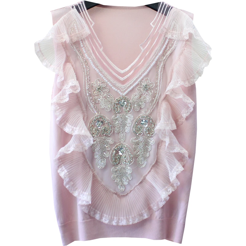 

Sleeveless T-Shirts for Women New Lace Ruffled Stitching Diamond Beaded V-neck Outer Wear Slimming Knitted Tops Femme Nancylim