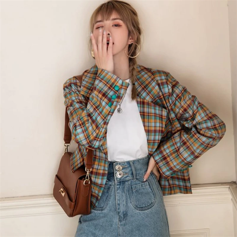 Женский блейзер в клетку свободного покроя с воротником костюмом аристократический женский винтажный
