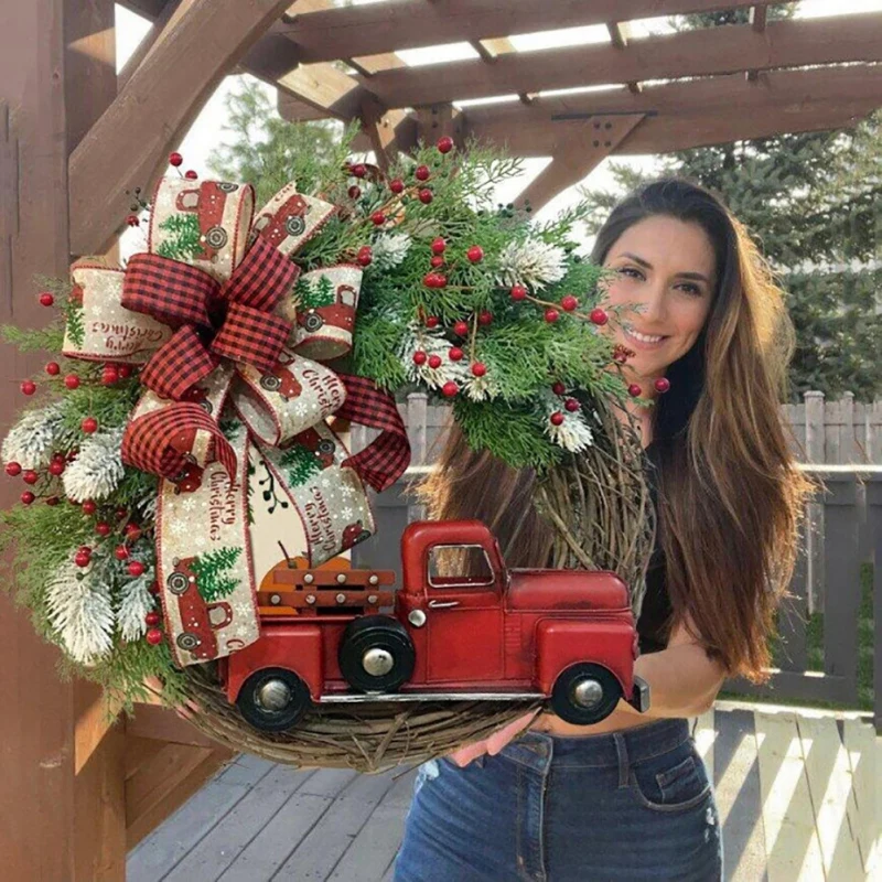 

Red Truck Christmas Wreath Rustic Fall Front Door Artificial Garlands Farmhouse Cherries With Ribbon Hanging Festive Wreath
