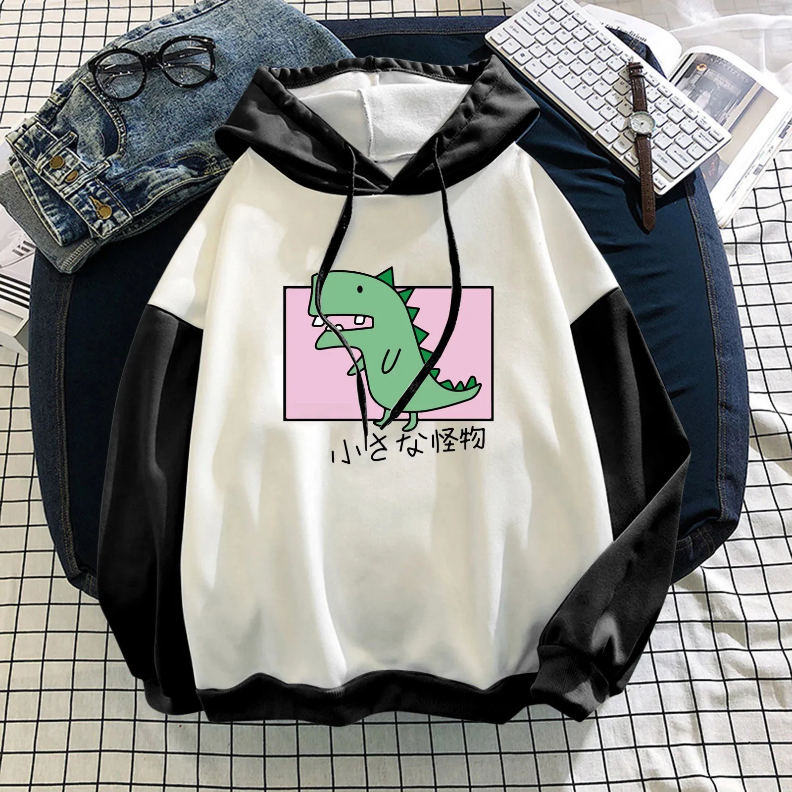 2021 NEW Hoodies Women's Fashion New Stitching Cute Dinosaur Print Long-Sleeve Hooded Sweatshirt Top sweatshirt женское платье