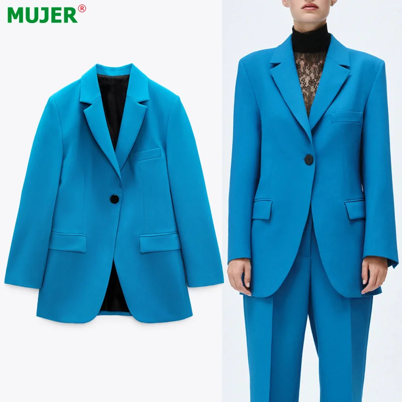 

Женский блейзер с прямым вырезом Za, синий офисный Блейзер, куртка с длинным рукавом для женщин, повседневные женские блейзеры, Осень-зима 2021