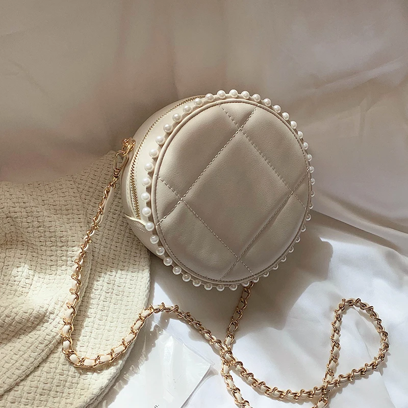 Клетчатая круглая сумка через плечо с жемчугом 2020 модная новинка