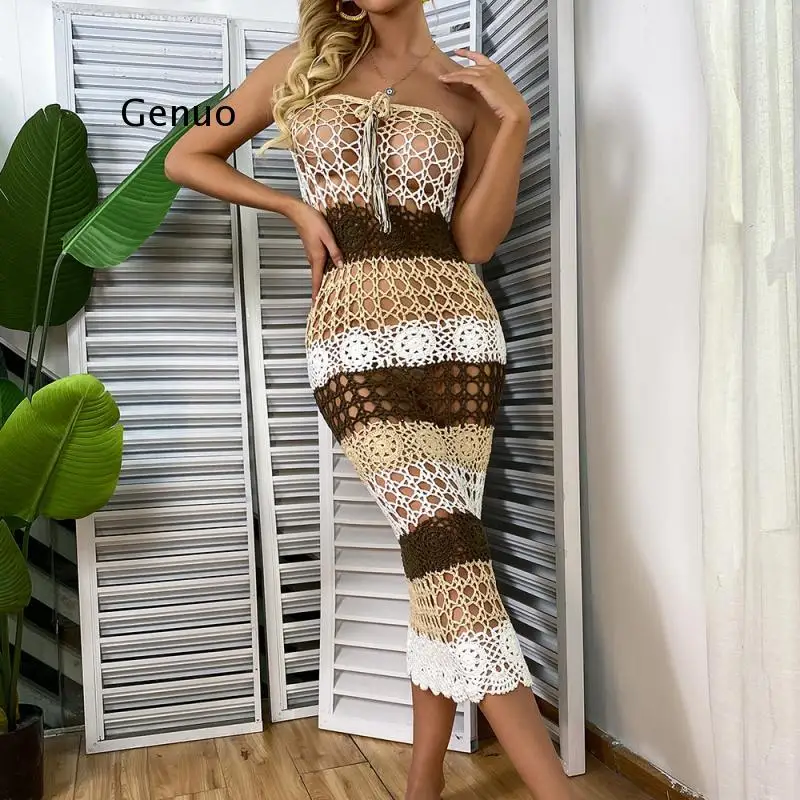 Women Lace Crochet Stitching Maxi Dress Beach Dress Bohemian Summer Casual Dress Cover Up Swimsuit Beachwear