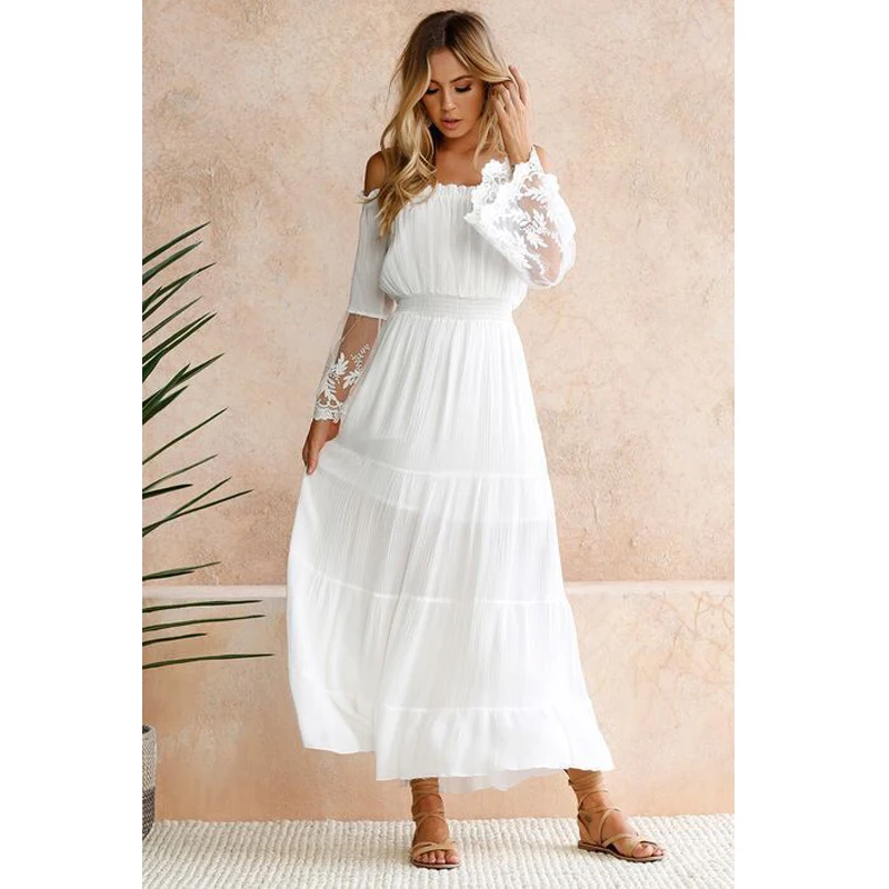 

Summer Women Dresses Sexy One-neck Lace Stitching Flared Sleeve White Long Dress Elegant Off Shoulder Dress