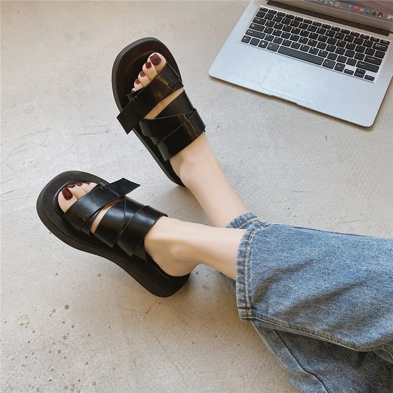 

COOTELILI Woman Sandals Shoes 2021 New Fashion Sandals Summer Slip On 3cm Heel Shoes For Woman Basic Slipper Black 35-40