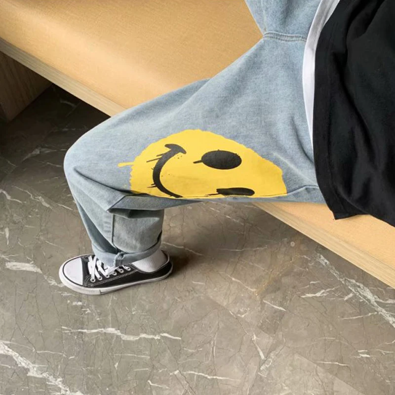 

2020 New Autumn/Winter Men's Loose Jeans Men's Cotton Cord Pants Street Hip Hop Blue Men's Pants Smiley Print Nine Split Pants