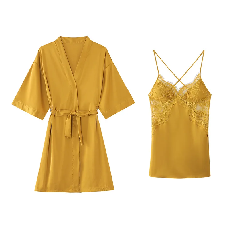 

Сексуальная ночная рубашка на весну и осень, 2 предмета, одежда для сна, домашняя одежда, кимоно, халат, ночная рубашка