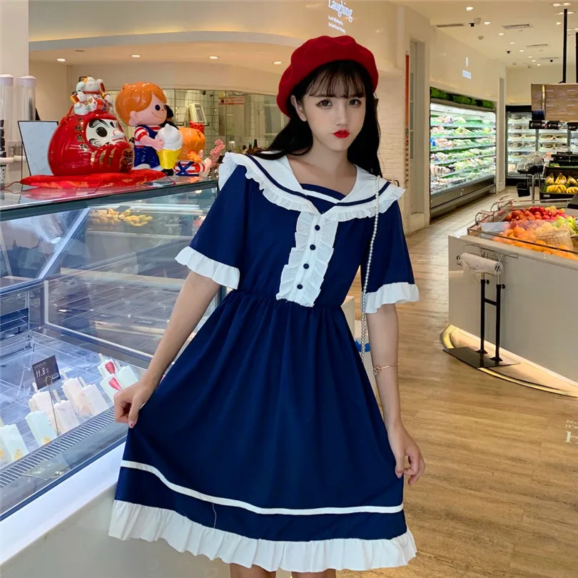 

Japanese Vintage Lolita Sailor Collar Striped Dress High Waist Women Cute Summer Short Sleeve Sweet Party A-line Pleated Dress