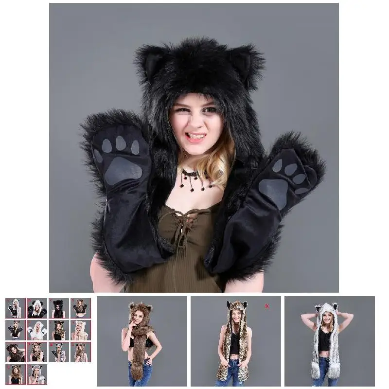 Шапка с искусственным мехом шапка шарф перчатки зимние варежки 3 в 1