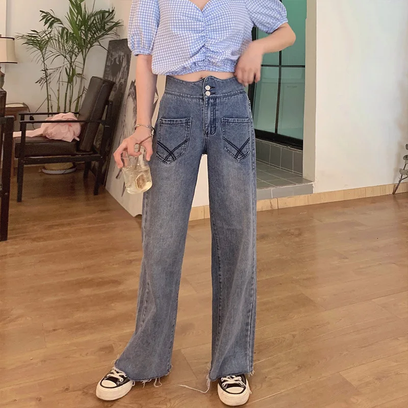 

Womens Wide Leg Jeans High Waist Loose Lady Denim Pants Streetwear Vintage Trousers Korean Version Pants Female Slim Retro Blue