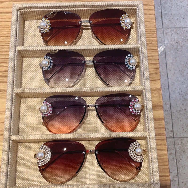 

Sunglasses Women Luxury Cat Eye Eyewear 2021 Gradient Brown Pink Rimless Sun Glasses for Female Gift Brand Designer Uv400