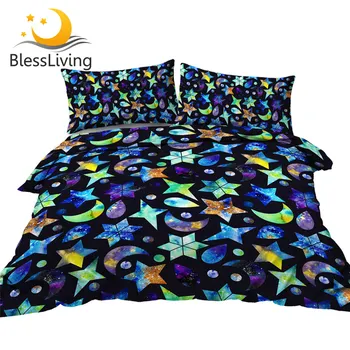 BlessLiving Moon Star Bedding Set Night Sky Bedspread Colorful Polygon Duvet Cover Psychedelic Bed Set 3pcs Galaxy New Bedding 1