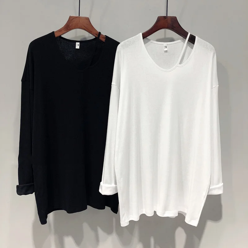 

Футболка женская с открытыми плечами, тонкий однотонный Свободный Топ средней длины в Корейском стиле, с длинным рукавом, в ленивом стиле