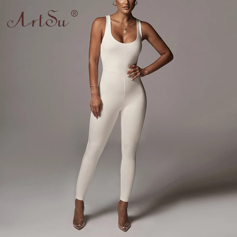 

ArtSu U-Neck Cotton Sexy Bodycon Jumpsuit Women Solid Sleeveless Backless Skinny Rompers Winter Cascal Streetwear Jumpsuit