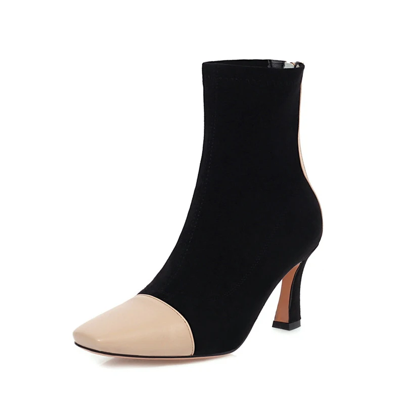 

ANNYMOLI High Heel Ankle Boots Square Toe Woman Boots Zip Short Boots Thin Heel Ladies Shoes Autumn Winter Black Large Size 46