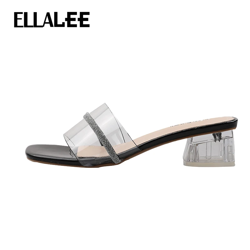 

ELLALEE Slippers Women Summer Transparent Bling Crystal Elegant Female Shoes Mid Square Heel Modern Style Lady Slides