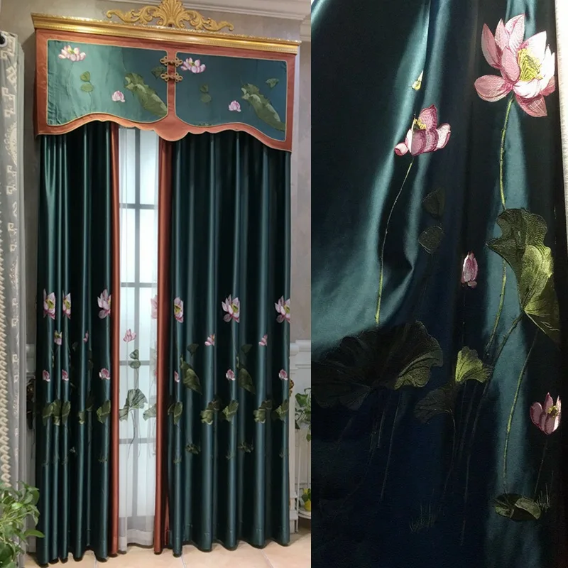 

New Chinese Classical Lotus Pond Moonlight Embroidery Curtains for Living Dining Room Bedroom.