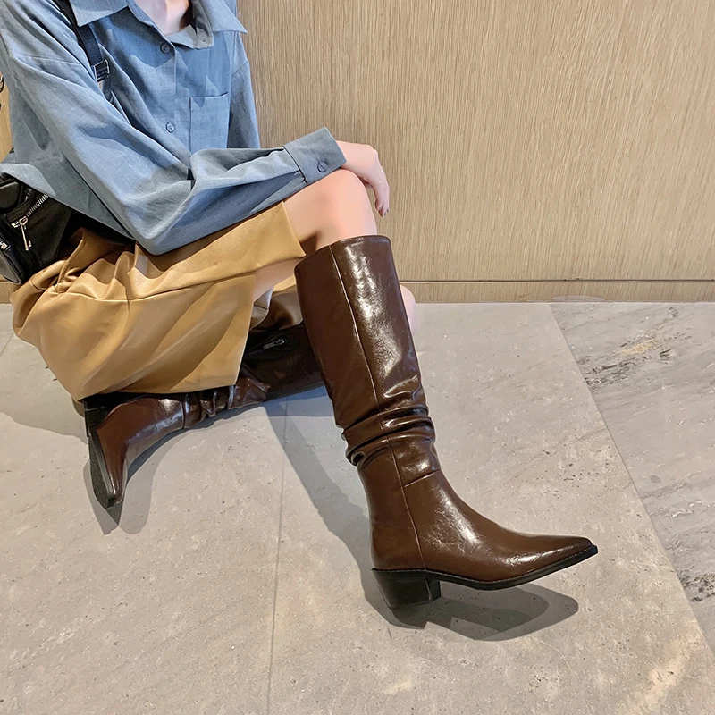 

2020 Band Design Genuine Leather Women Knee High Boots pleated Pointed Toe Thick high Heels boots Working Shoes Woman