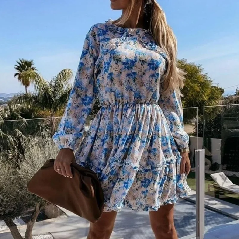 

Women dresses 2021 spring and autumn new casual print flower O neck long-sleev backless ruffled big hem A-line mini dress women