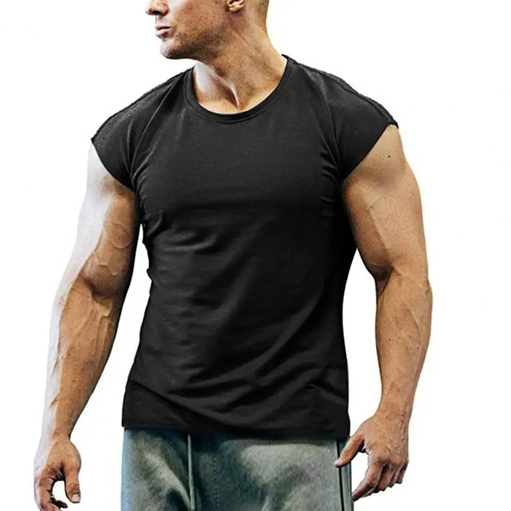 

80% Dropshipping!!Men T-shirt Solid Color Breathable Summer Round Neck Sleeveless Top for Fitness