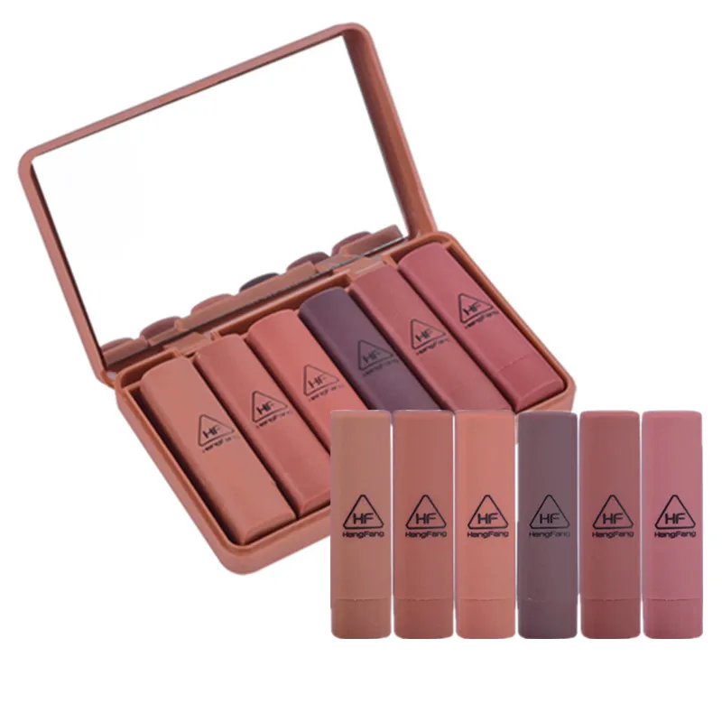 

6pcs/set Matte Long-lasting Lipstick Set Waterproof Nude Batom Lip Kit With Mirror Lips Makeup set Brand HengFang Beauty Gift