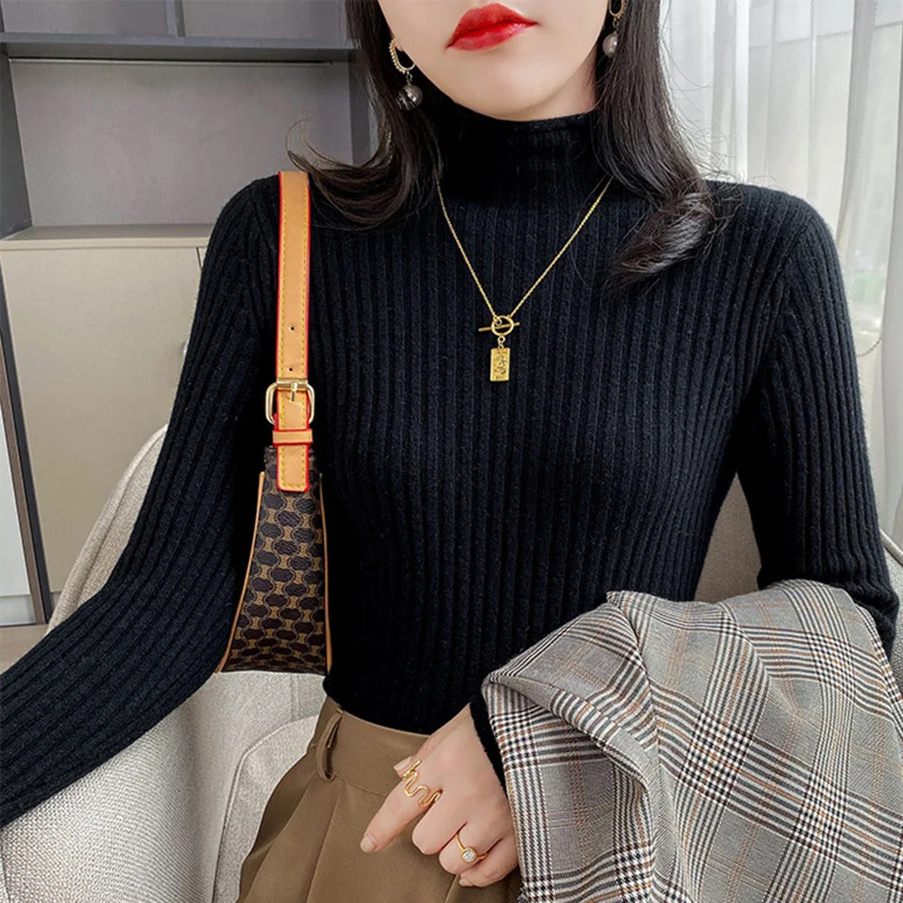 

Women Pullover Korean Style Casual Half High Neck Slim Fit Thick Warm Knit Sweater Solid Color Wool Bottoming Shirt 2021 Winter