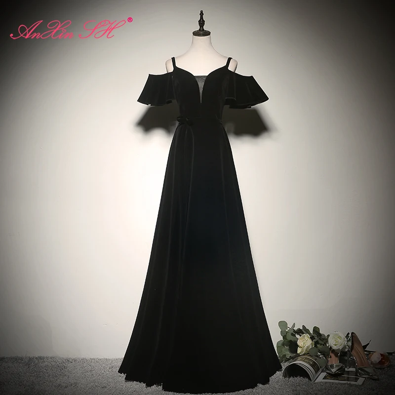

AnXin SH princess black velvet evening Dress vintage party boat neck bride ruffles bow host black lace up a line evening dress
