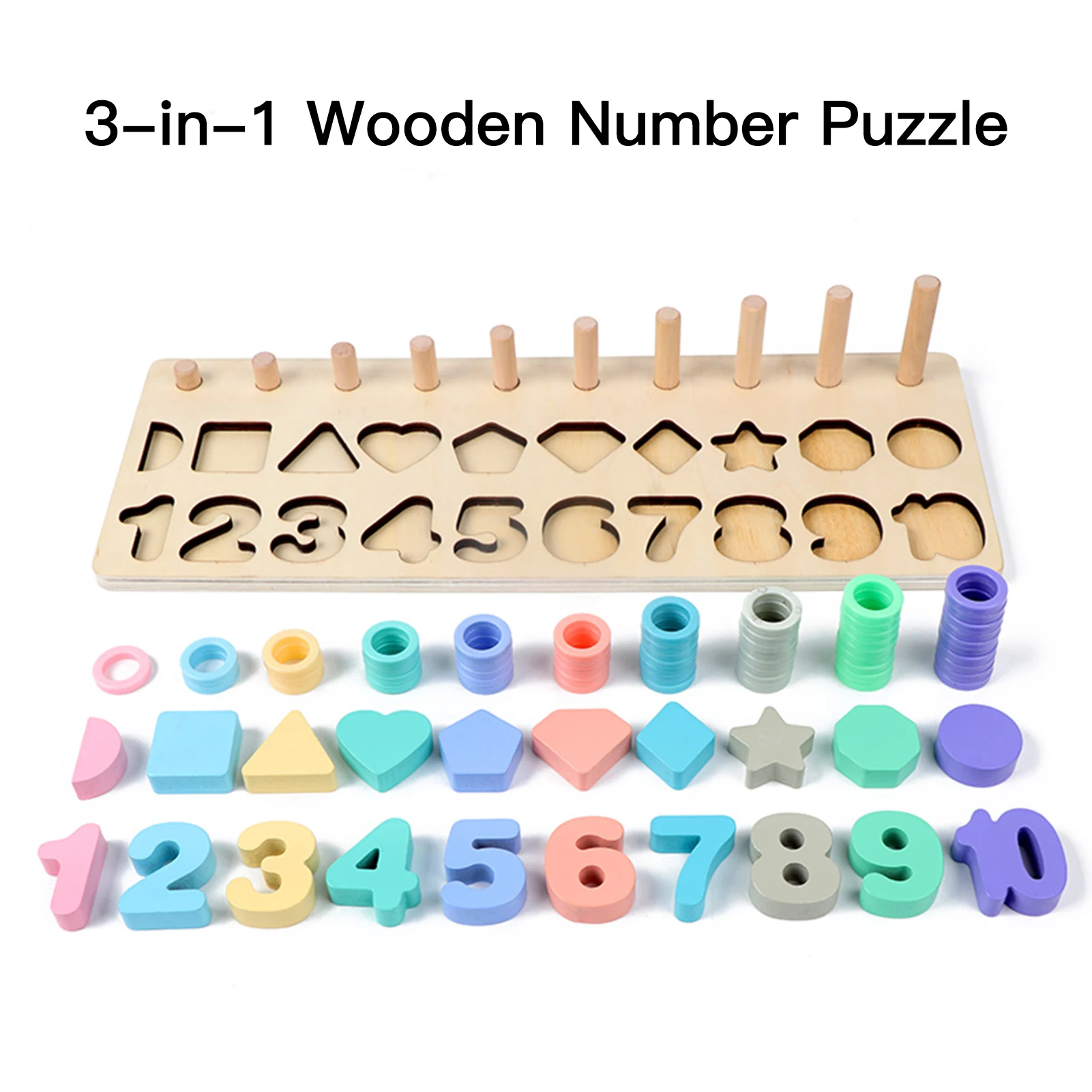 

3-in-1 Wooden Number Puzzle Logarithmic Board Shape Sorter Counting Game Montessori Toy for Kids Toddlers Preschool Education