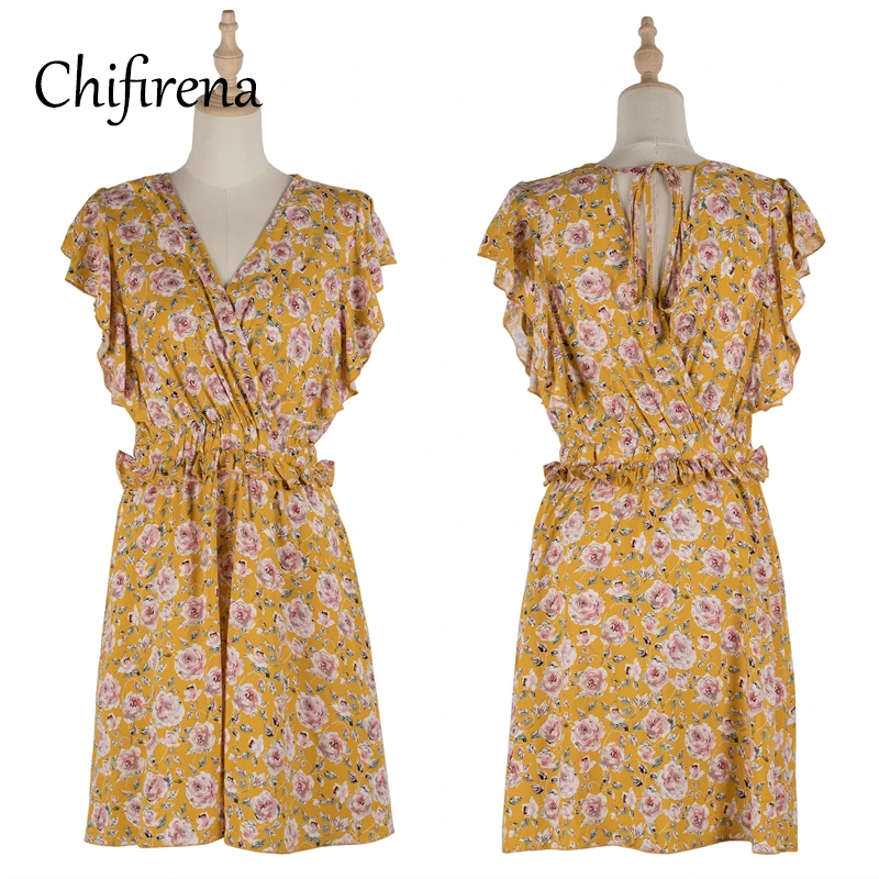 

Chifirena Summer Floral Print Women Dress Butterfly Sleeve Mini Dresses A-line Tunic Beach Boho Sundress Holiday Elegant Vestido
