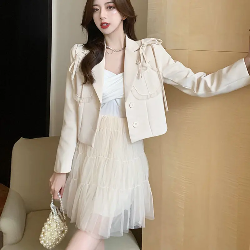 

High Quality Fashion Two Piece Set Autumn Women Temperament Long Sleeve Suit Short Jacket Crop Top + High Waist Mesh Skirt Suits