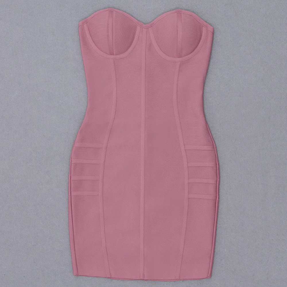 Женское Короткое платье без бретелек розовое облегающее с V-образным вырезом