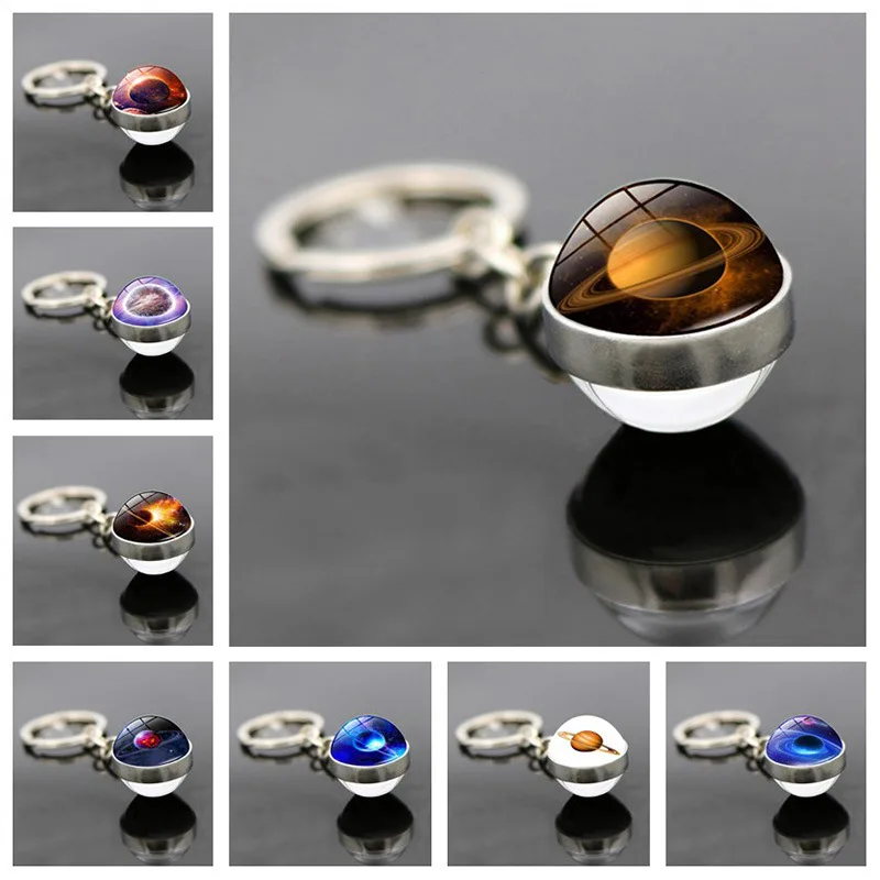 

WG 1pc Universe Galaxy Planet Time Gem&stone Keychain Keyrings Pendant Double-sided Glass Ball Cabochon Keychain Jewelry Pendant