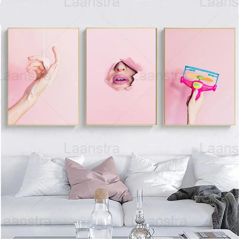 

Fashion Wall Art Canvas Painting Pink Poster and Print Hand Lip Toy Modern Wall Pictures Girl Room Decoration Unframed