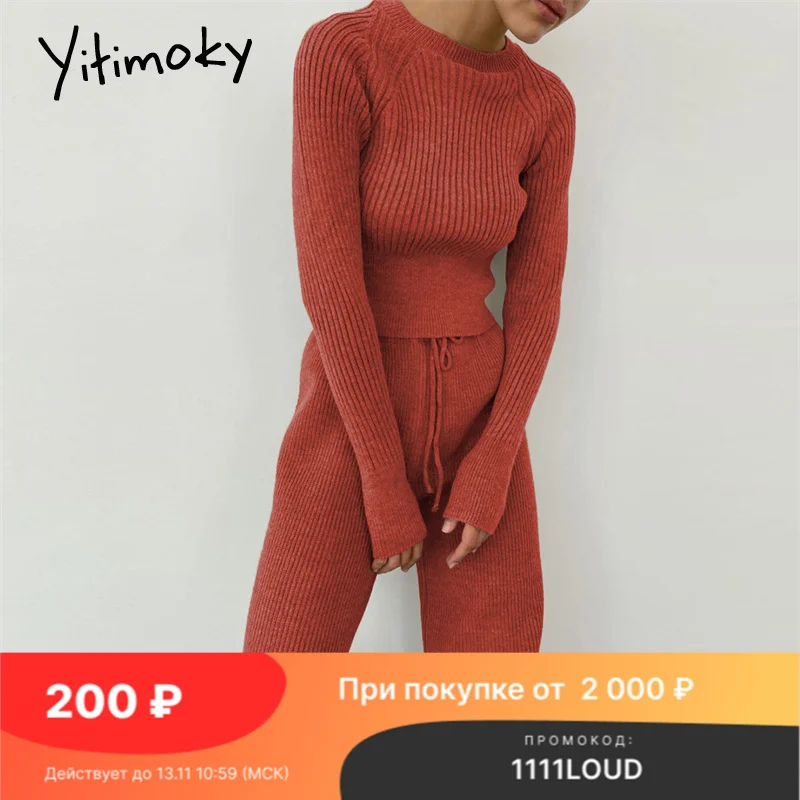 

Комплект Yitimoky из 2 предметов для женщин, трикотажные топы, свитер, штаны с высокой талией, рубашки, пуловеры, спортивный костюм, одежда для бе...