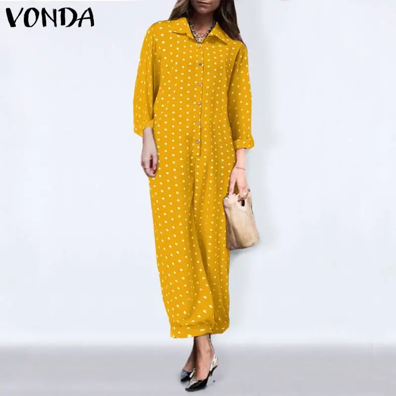 

VONDA Women Long Jumpsuits 2022 Autumn Vintage Polka Dot Print Playsuits Casual Long Sleeve Lapel Button Up Jumpsuits Pantalon