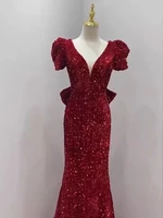 burgundy evening dresses mermaid v neck puffy sleeves backless sequins elegant luxury sexy formal celebrity party prom gowns new