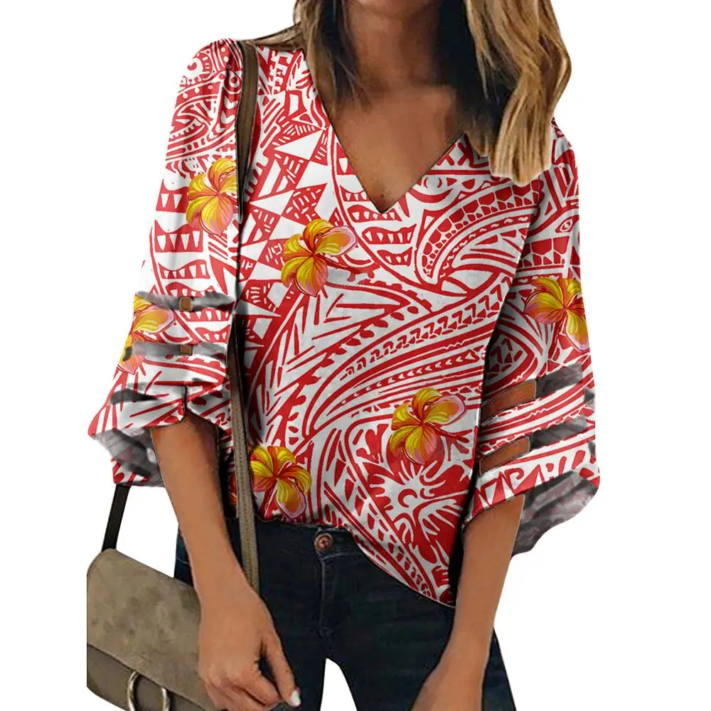 Women's Casual Clothing Floral Print V Neck Bell Sleeve Tops Loose Chiffon Blouse Shirts Brand Clothes Women Polynesian style