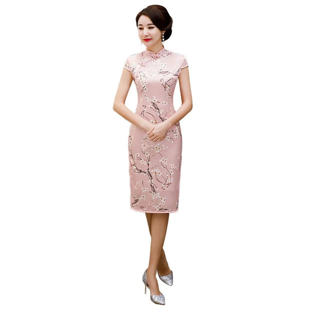 

2020 New Retro Printed Silk Elegant Mid Length Cheongsam Fashion Literary Style Stand Collar Buckle Low Split Hem Daily Dress