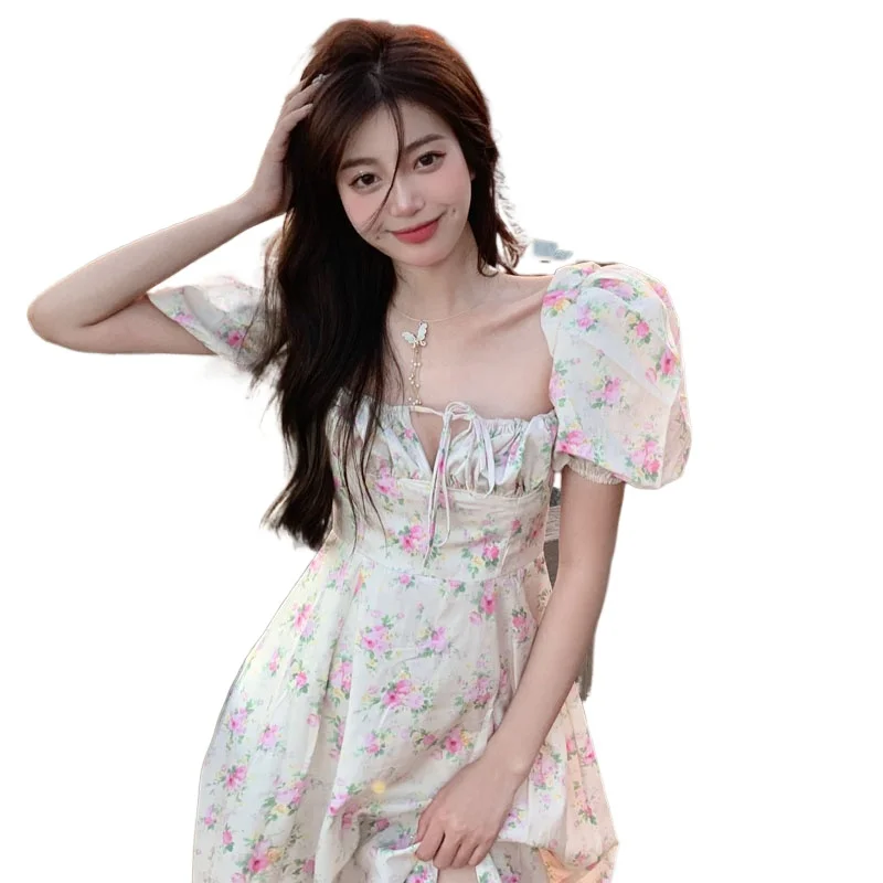 

2021 Summer Puff Sleeve Vingate Midi Dress Women Square Collar Evening Party Floral Dress Beach One Piece Dress Korean Y2K Fairy