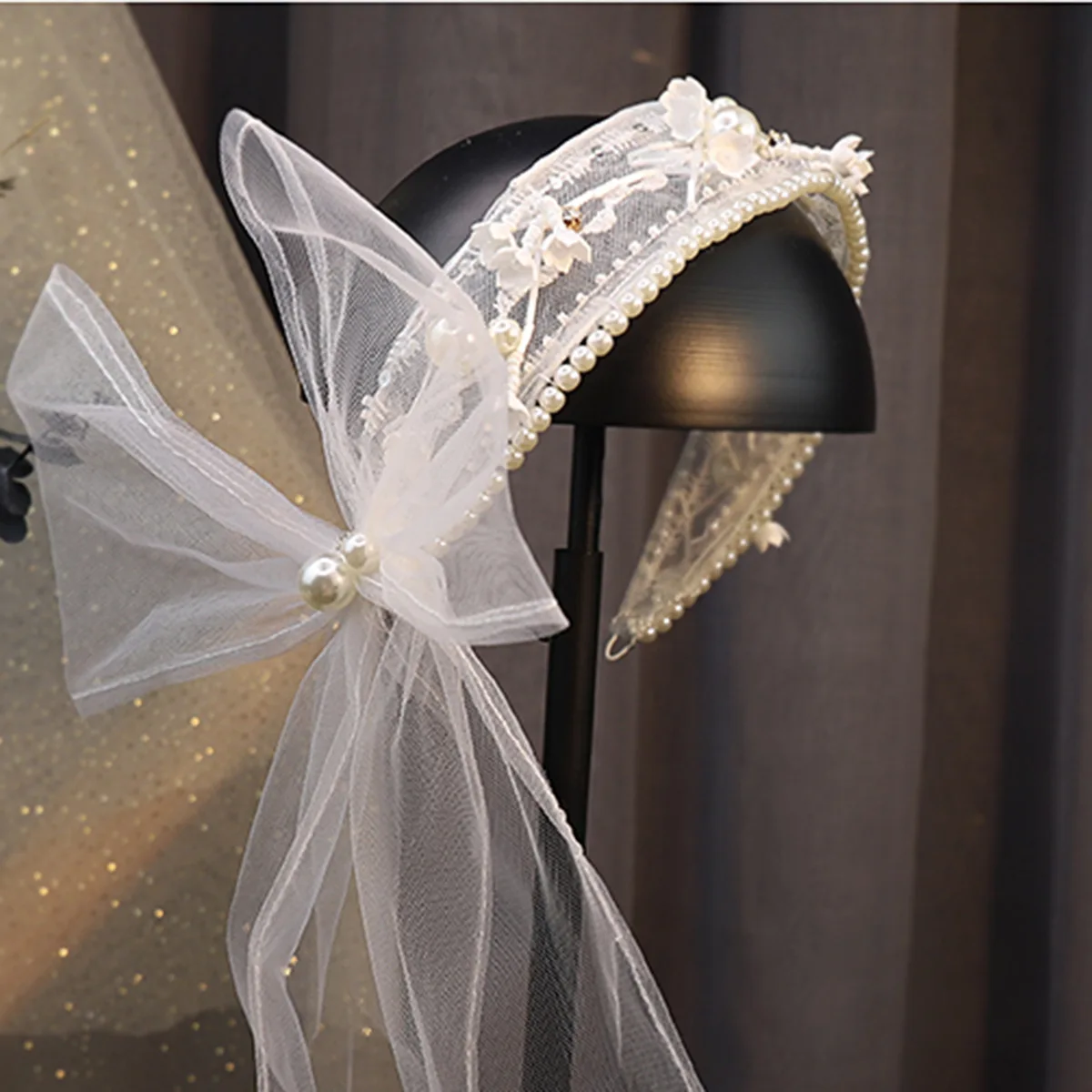 

Повязка на голову с кружевным бантом, сетчатая, для невесты