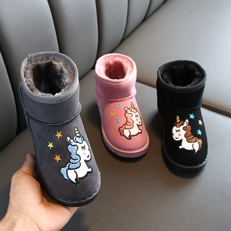 

Children Cartoon Unicorn Girls Snow Boots Winter Kids Shoes Baby Boy Cute Princess Boot Flock Leather Waterproof Plush Warm Boot